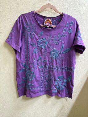 Johnny Was Purple Tee with Blue Floral Embroidery